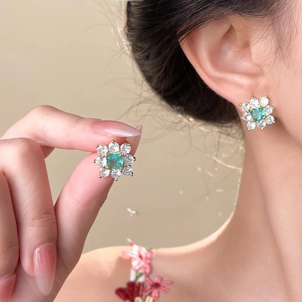 Ice Blue Zircon Flower Stud Earrings Copper Silver Plated Light Luxury Ear Jewelry