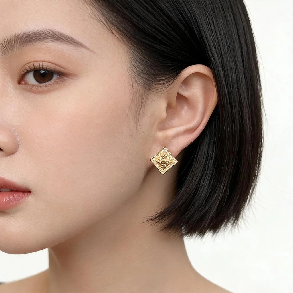 High-End Iris Flower Geometric Square Micro Pave Zircon Copper Stud Earrings With Silver Plated Pins