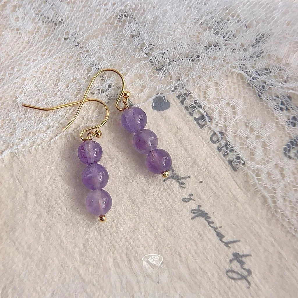 New Chinese Purple Natural Stone Crystal Grape Cluster Drop Earrings Handmade Vintage Elegant Jewelry