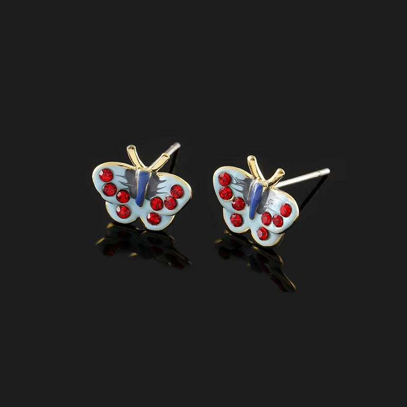 Vintage Blue Enamel Butterfly Rhinestone Stud & Clip On No Piercing Coil Back Women's Fashion Earrings
