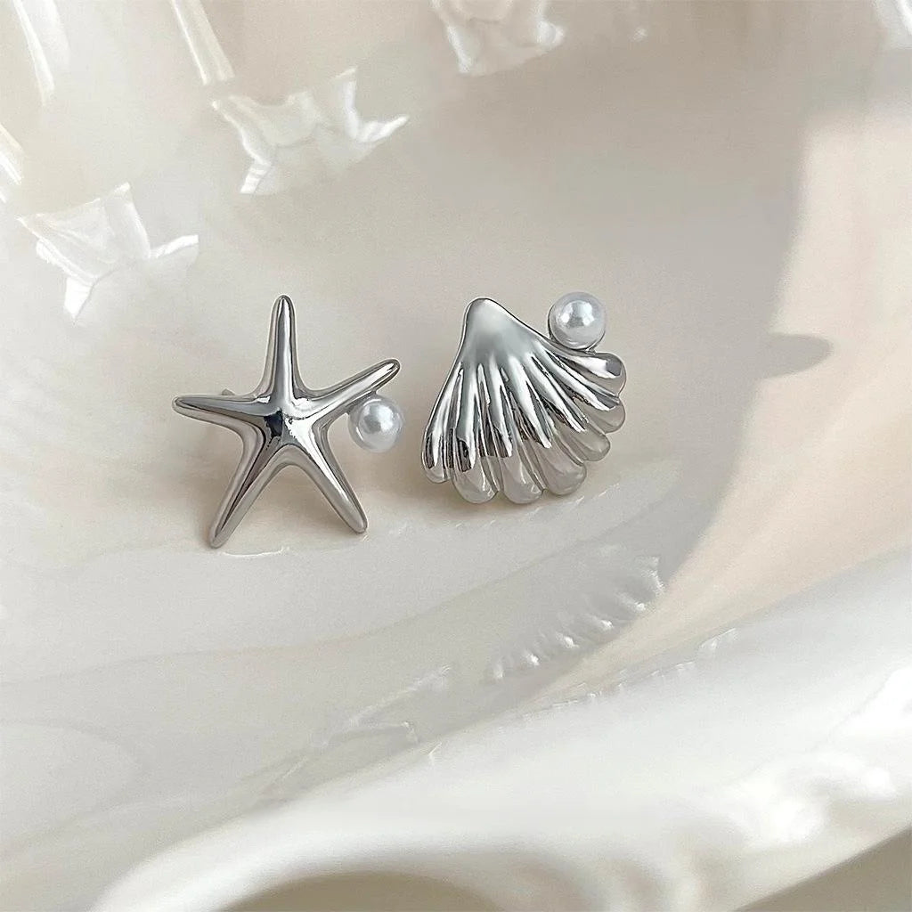 Ocean Series Asymmetric Starfish Shell Pearl Copper Stud Earrings Minimalist Chic Jewelry