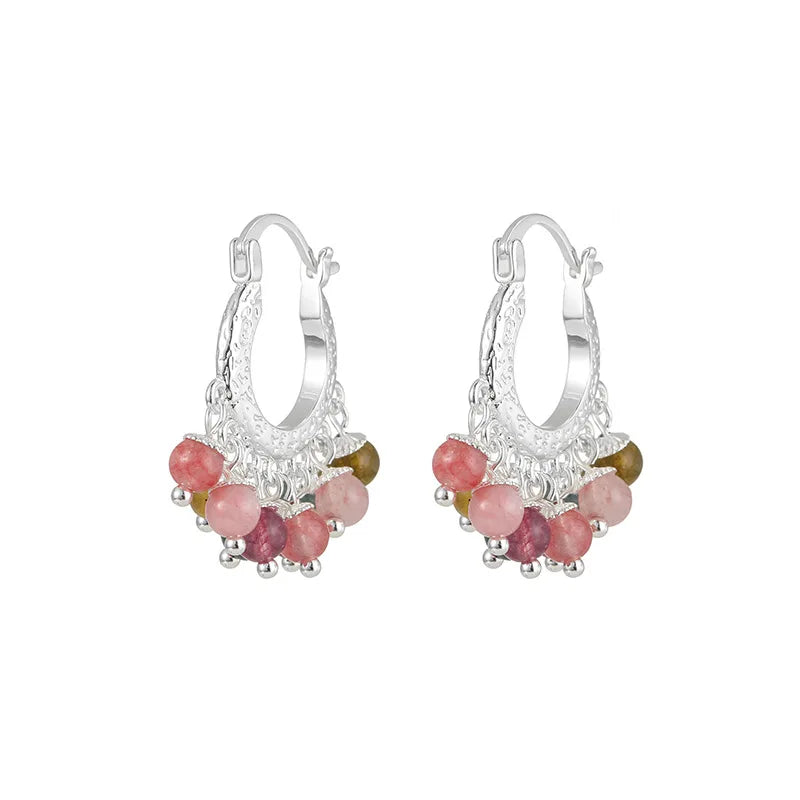 Vintage Crescent Hoop Natural Stone Beaded Alloy Stud & Clip On No Piercing Handmade Earrings