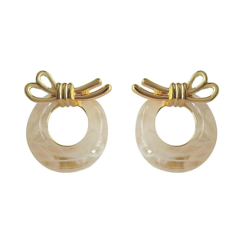French Vintage 14K Gold Plated Resin Bow Stud Earrings Warm Gradient Round Elegant Jewelry