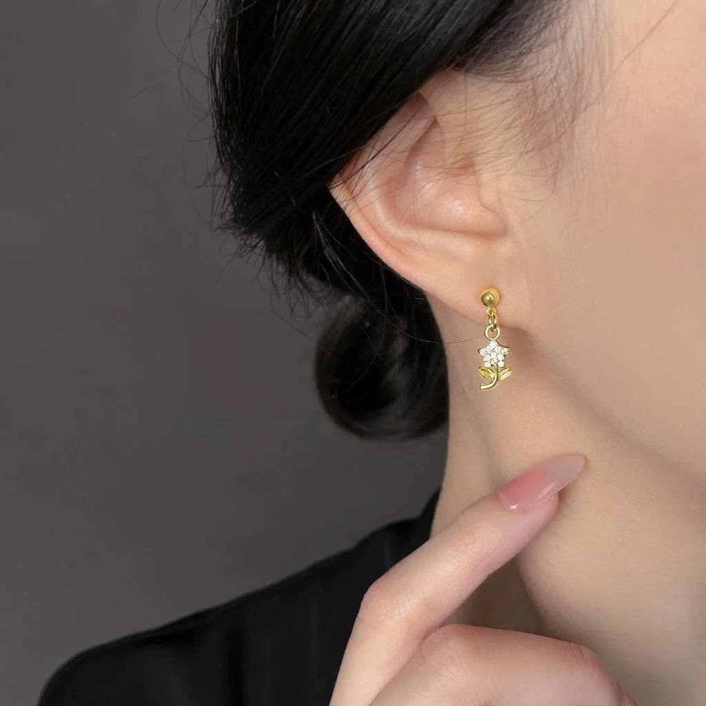 Fresh Sweet 14K Plated Micro Pave Zircon Flower Leaf Copper Drop Earrings