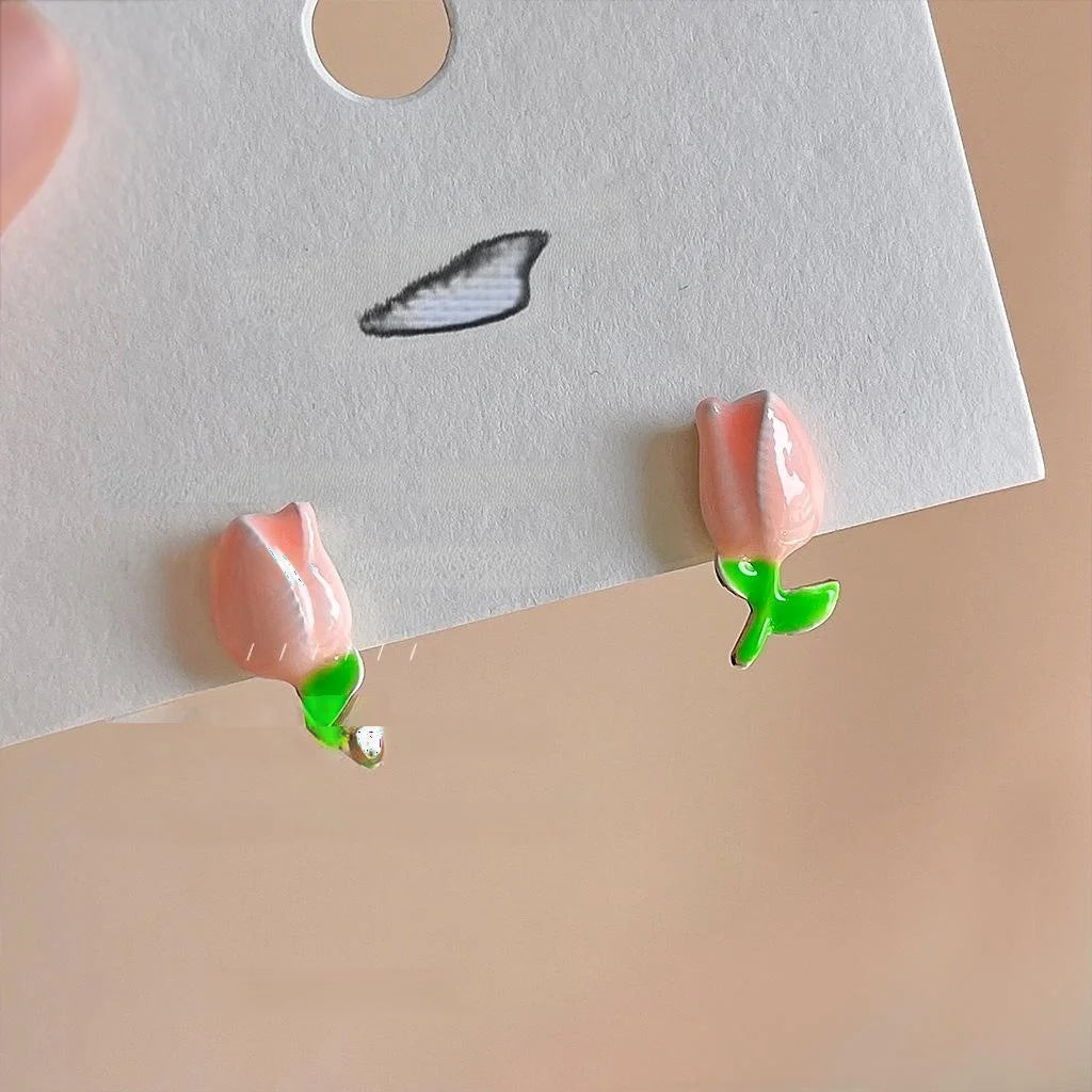 Sweet Tulip Flower 14K Plated Metal Stud Earrings, Minimalist Cute Ear Jewelry