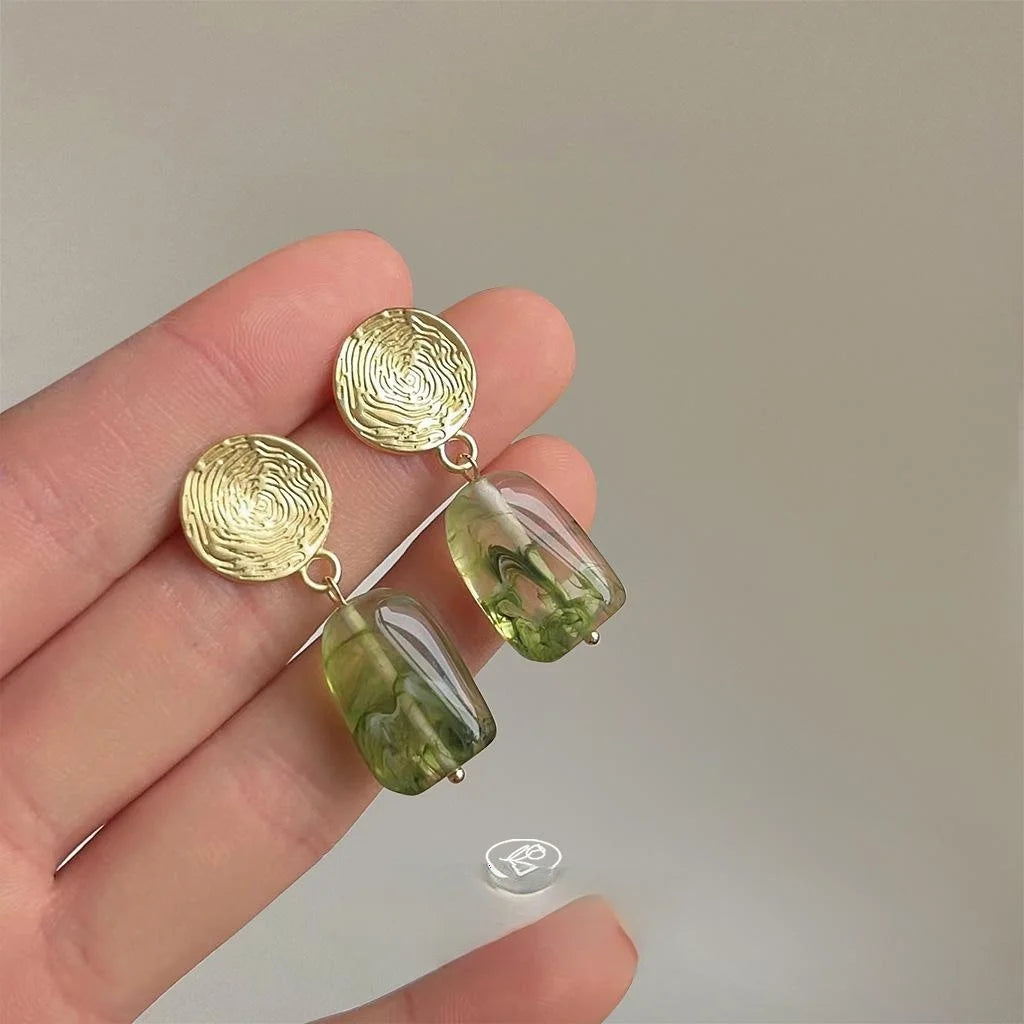 Matte Gradient Green Resin Round Stud Earrings Silver Plated Pin Forest Fairy Summer Jewelry