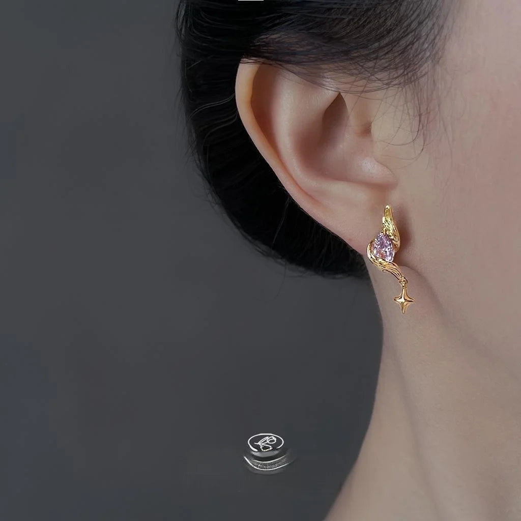 Light Luxury Purple Zircon Star Wing Stud Earrings Copper Silver Plated Geometric Jewelry