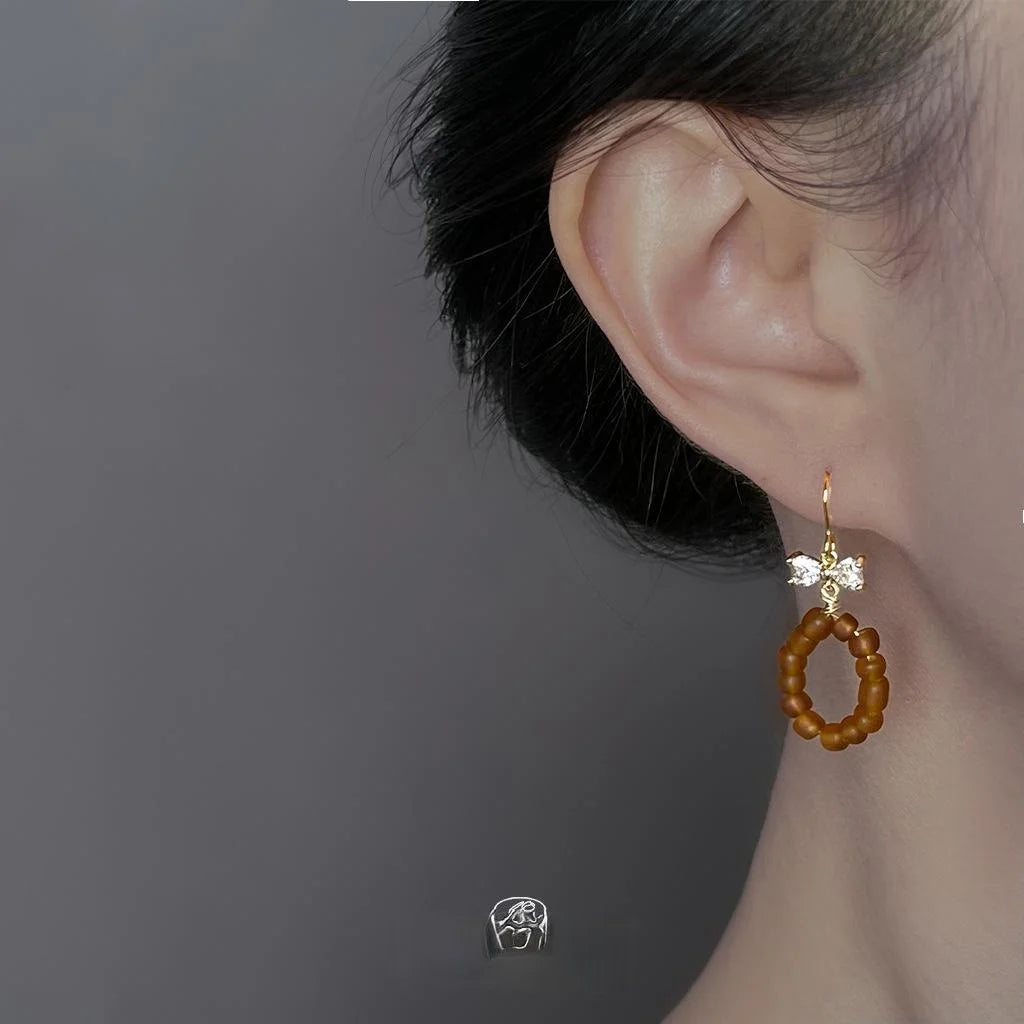 Maillard Style Copper Zircon Bow Geometric Tassel Heart Drop Earrings Vintage Handmade Jewelry