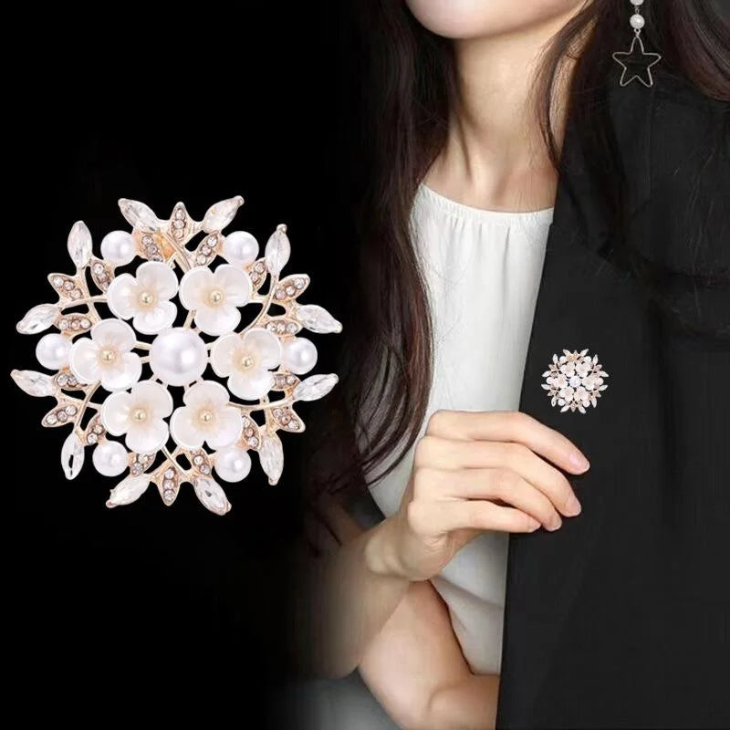 Elegant Pearl Flower Brooch With Rhinestone Leaves, Silver Alloy Floral Lapel Pin Corsage Gift