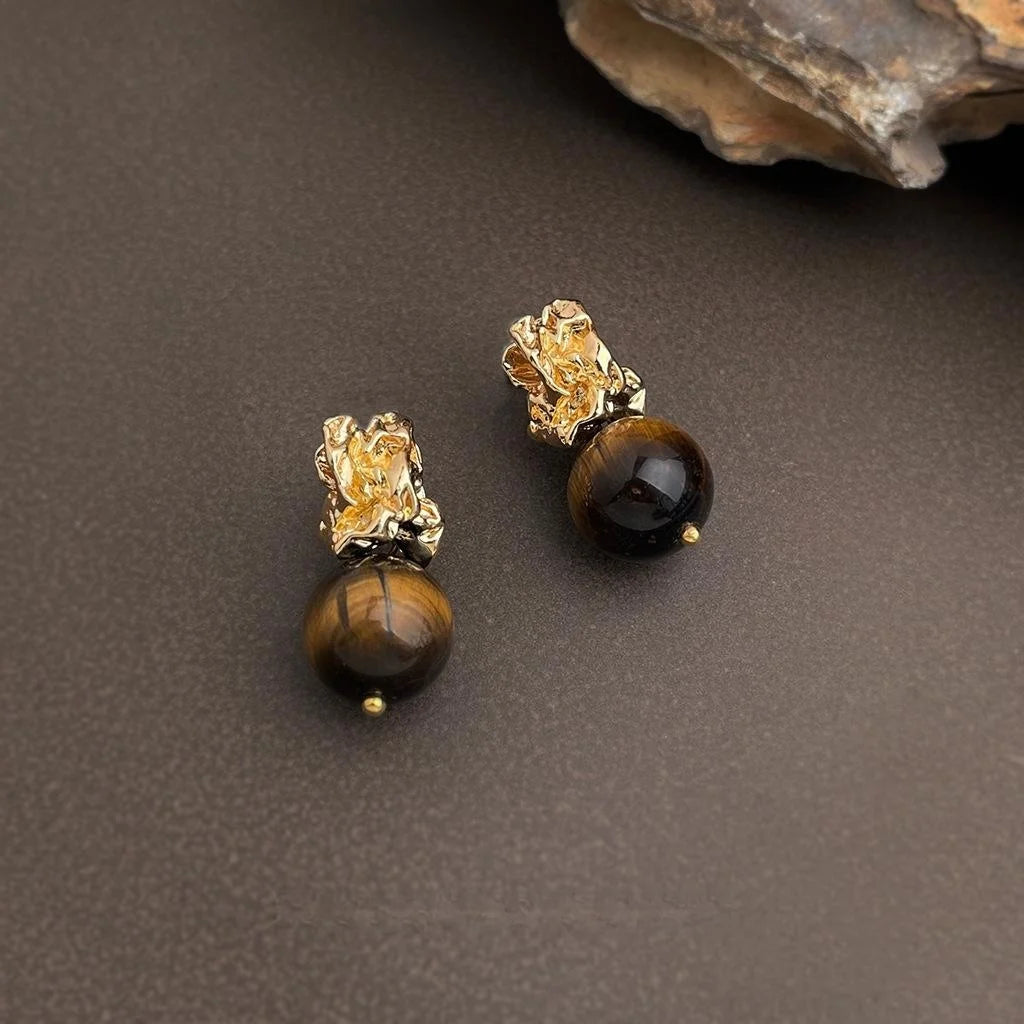 Vintage Maillard Tiger Eye Natural Stone Geometric Round Drop Earrings With Fluid Irregular Design