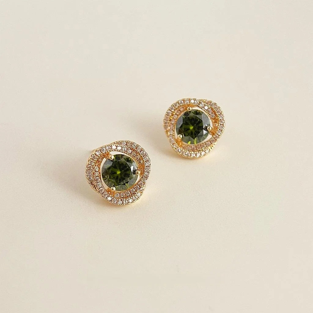 French Vintage Olive Green Micro Pave Zircon Stud Earrings Round Geometric Woven Design