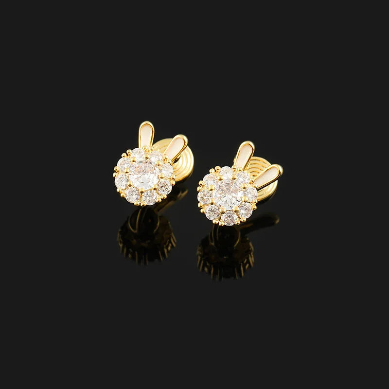 Elegant Zircon Rabbit Bunny Stud & Clip On No Piercing Gold Alloy Sweet Rotatable Ear Cuff Earrings