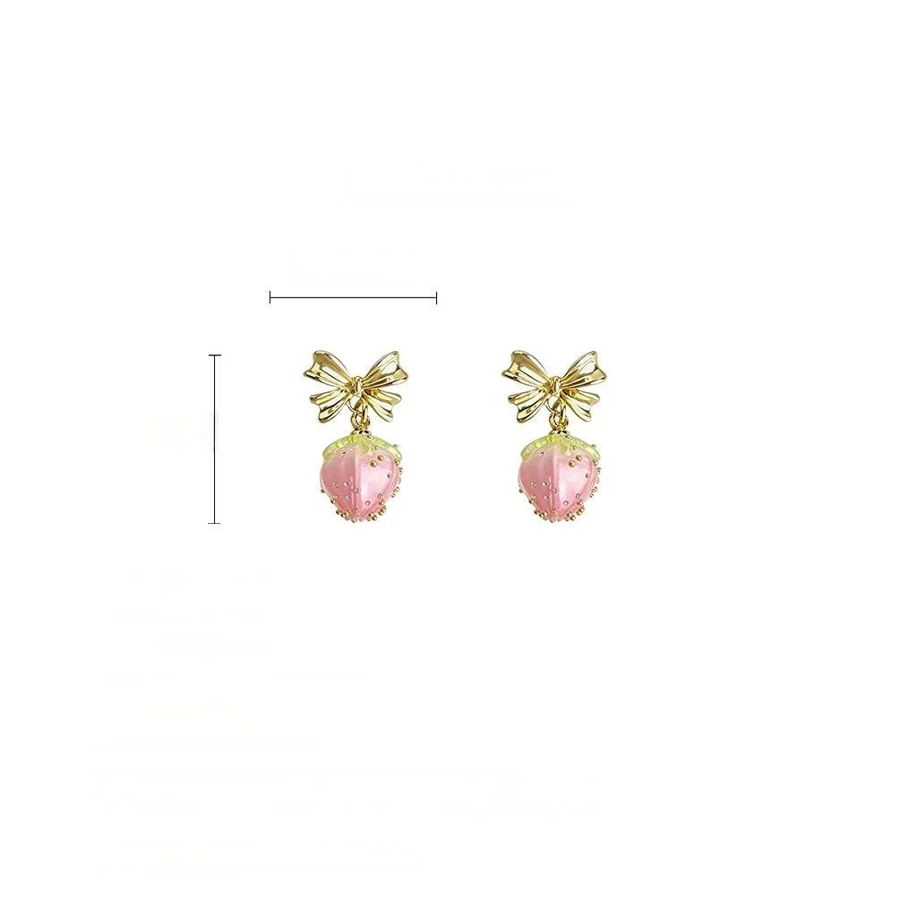 Sweet Pink Strawberry Bow Resin Copper Drop Earrings Handmade Vacation Style Jewelry