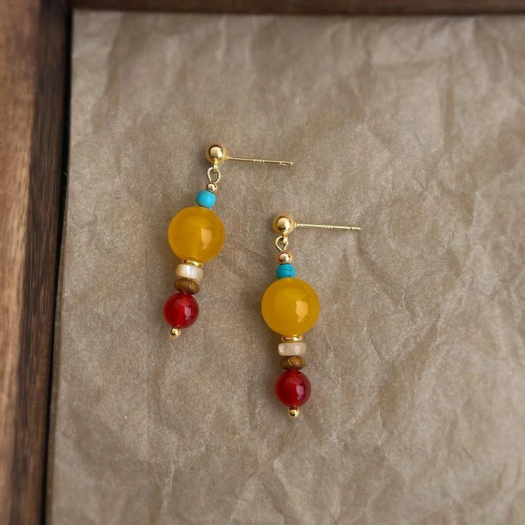 Ethnic Style Copper Red Agate Topaz Geometric Tassel Drop Earrings