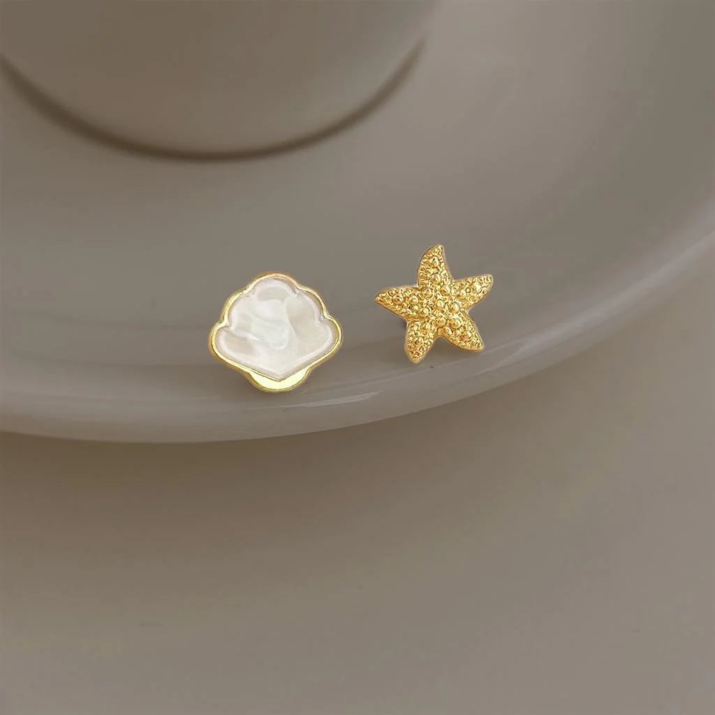 Copper Starfish Shell Enamel Asymmetric Mini Stud Earrings Simple Vacation Style