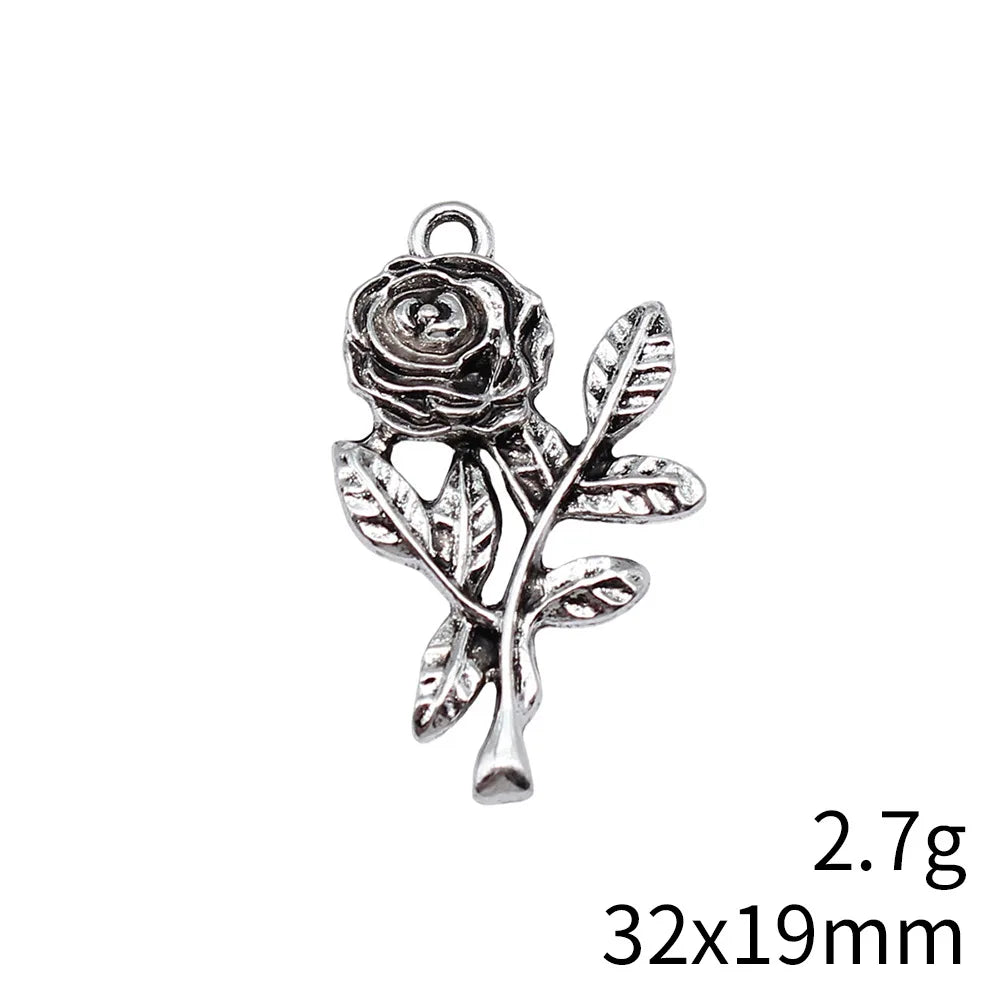 32x19mm 2.7g Antique Silver Zinc Alloy Flower Charm Pendant for DIY Vintage Jewelry Making