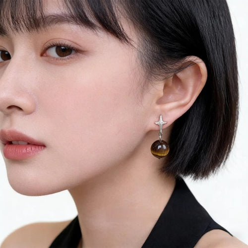 Maillard Style Natural Tiger Eye Copper Eight Point Star Tassel Drop Earrings