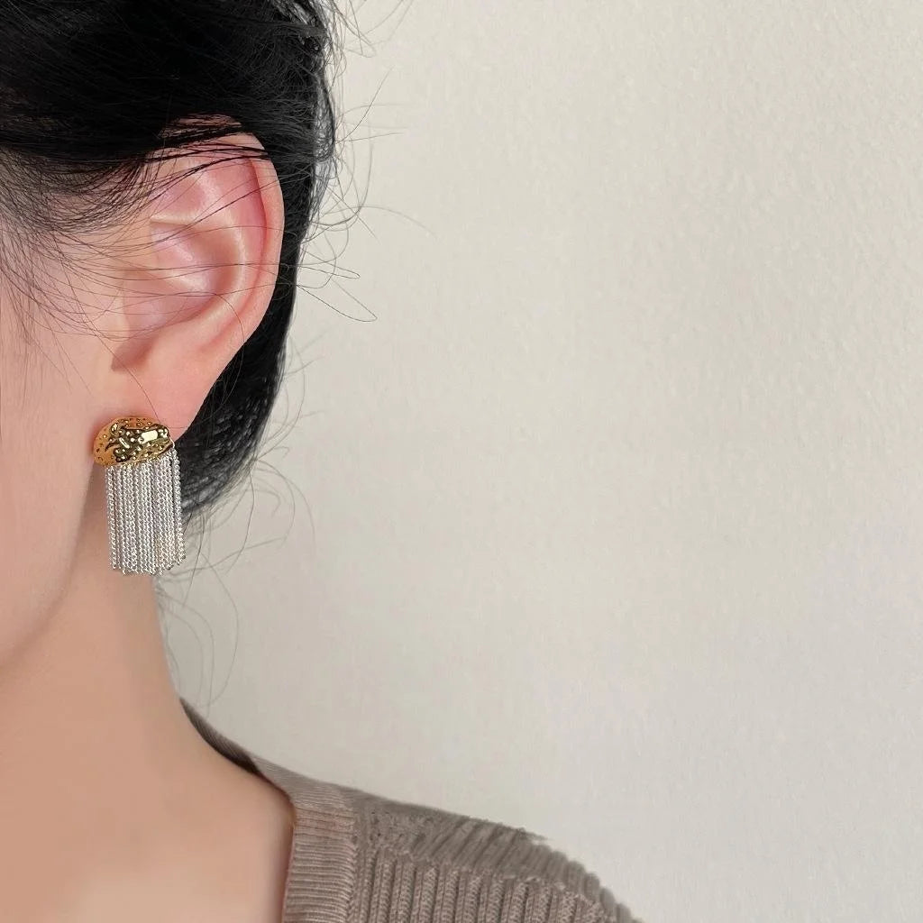Elegant Geometric Metal Block Tassel Drop Earrings Copper Silver Plated Pin Evening Jewelry