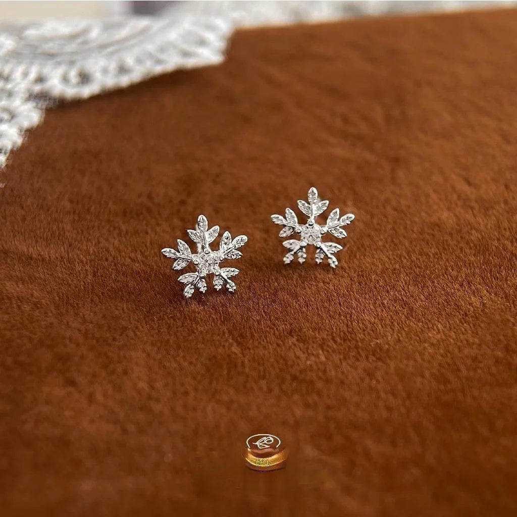 Sweet Snowflake Micro Pave Zircon Copper Stud Earrings, Silver Plated Winter Jewelry