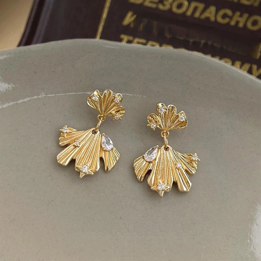 14K Silver Plated Copper Ginkgo Leaf Drop Earrings With Micro Pave Zircon Vintage Floral Jewelry
