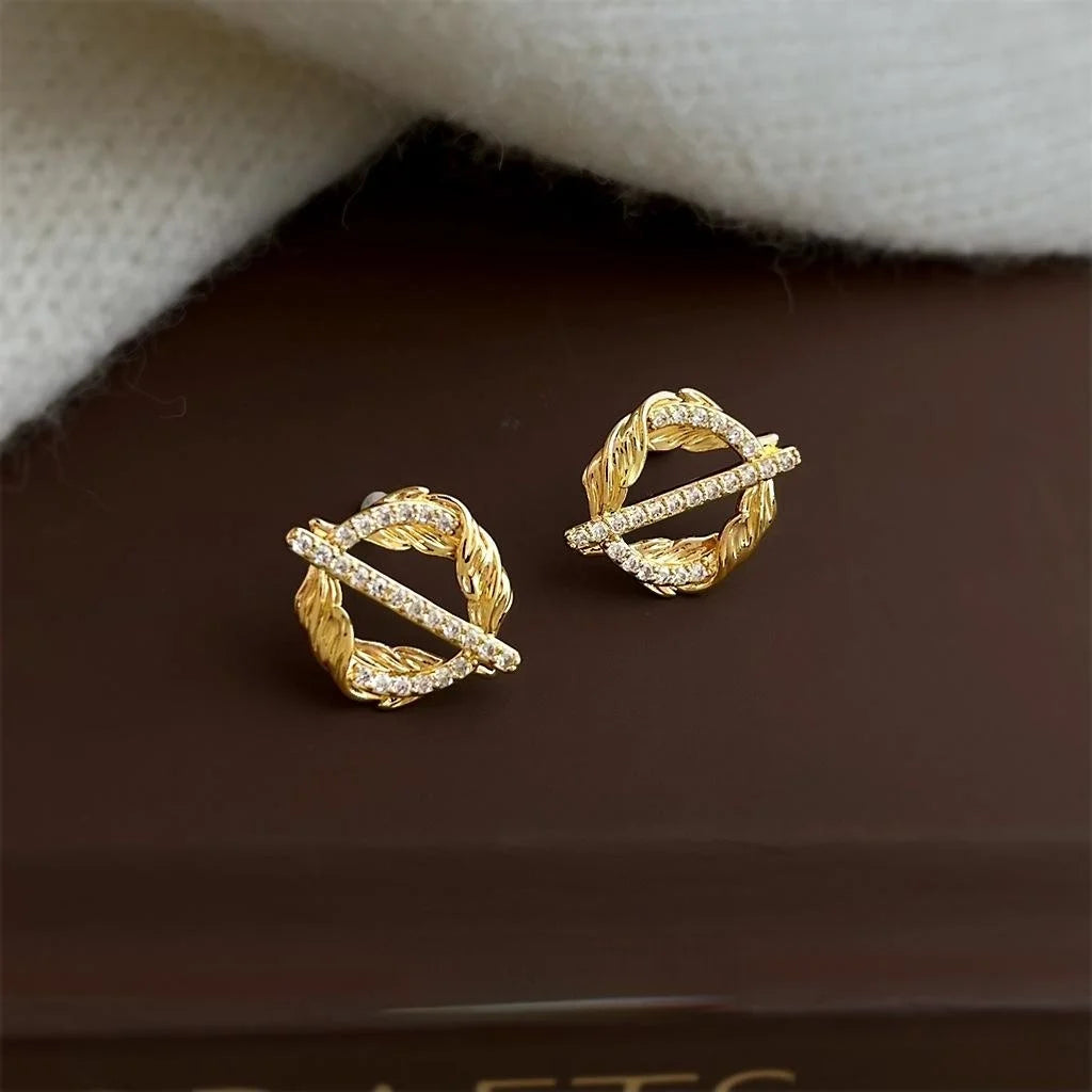 Original Wheat Ear Round Geometric Micro Pave Zircon Copper Stud Earrings