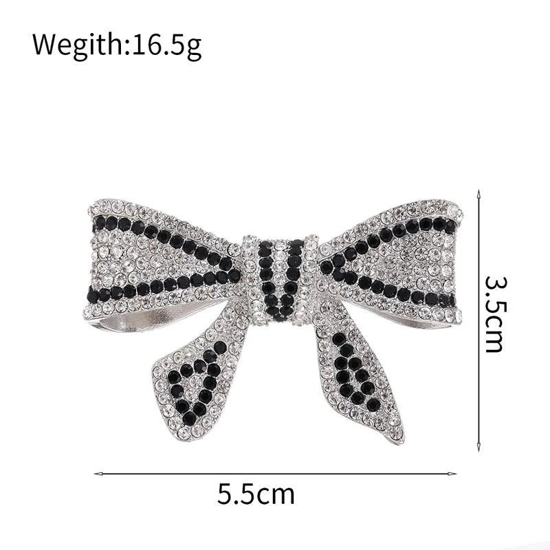 Elegant Black White Rhinestone Bow Brooch, Luxury Alloy Lapel Pin Corsage For Suit Coat Gift