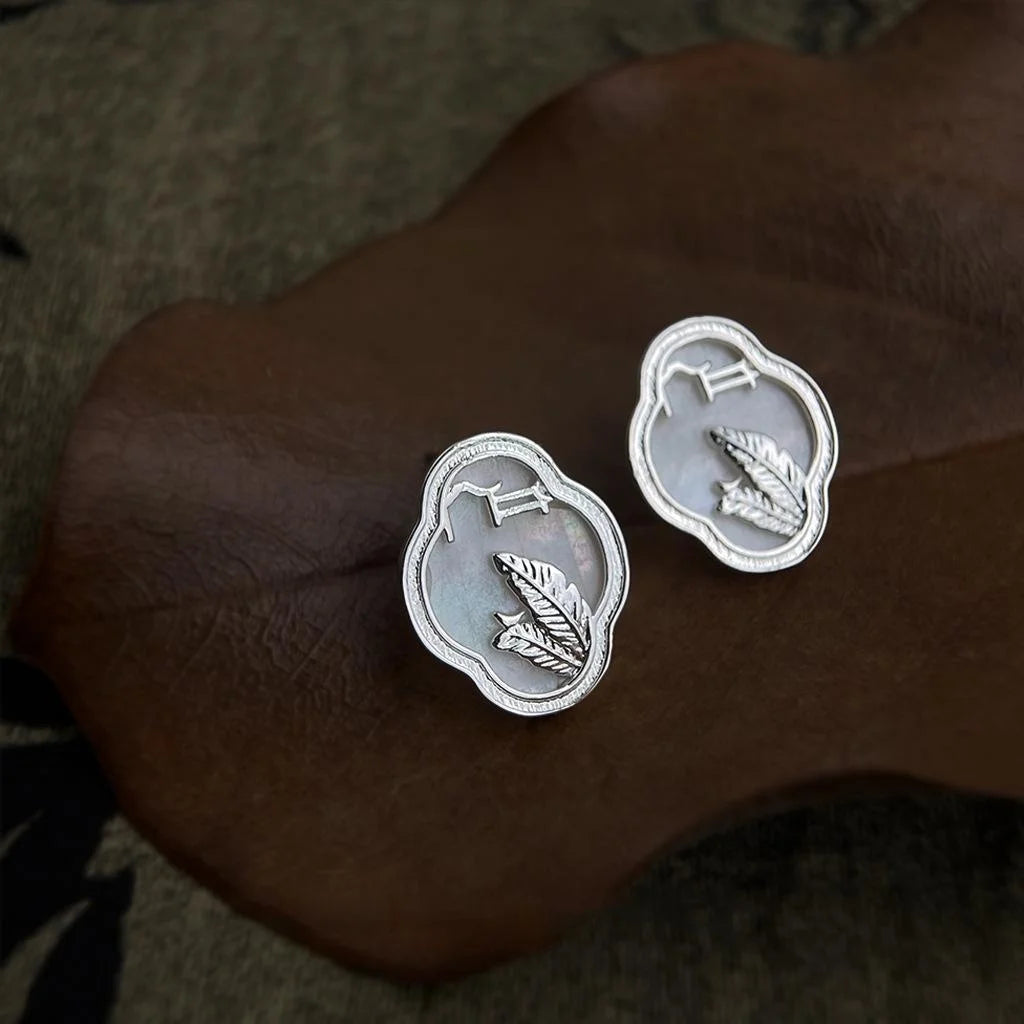 New Chinese Style Shell Leaf Geometric Window Lattice Drop Earrings With Silver Plated Pins