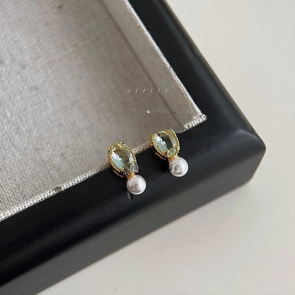 14K Gold Plated Copper Mini Pearl Stud Earrings With Aquamarine Zircon Geometric Minimalist Design