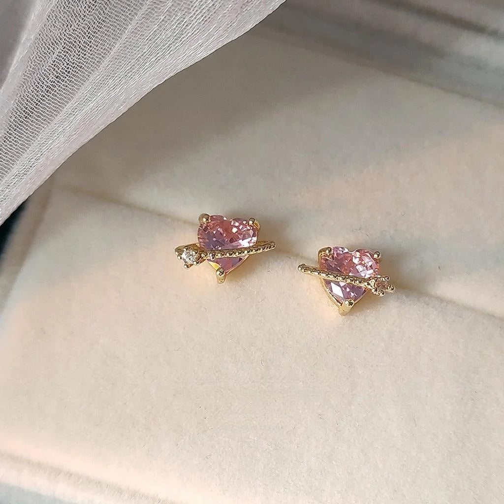 14K Plated Copper Heart Stud Earrings With Micro Pave Zircon, Sweet Minimalist Jewelry