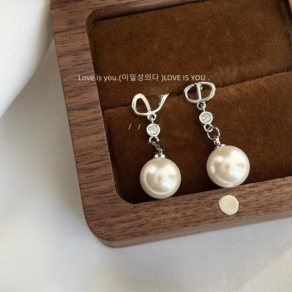 Light Luxury Copper Glass Pearl Micro Pave Zircon Geometric Chain Drop Earrings
