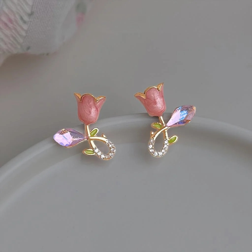 Sweet Oil Painting Tulip Stud Earrings Pink Glass Crystal Vine Zircon Flower Jewelry