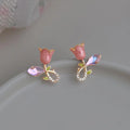 Sweet Oil Painting Tulip Stud Earrings Pink Glass Crystal Vine Zircon Flower Jewelry