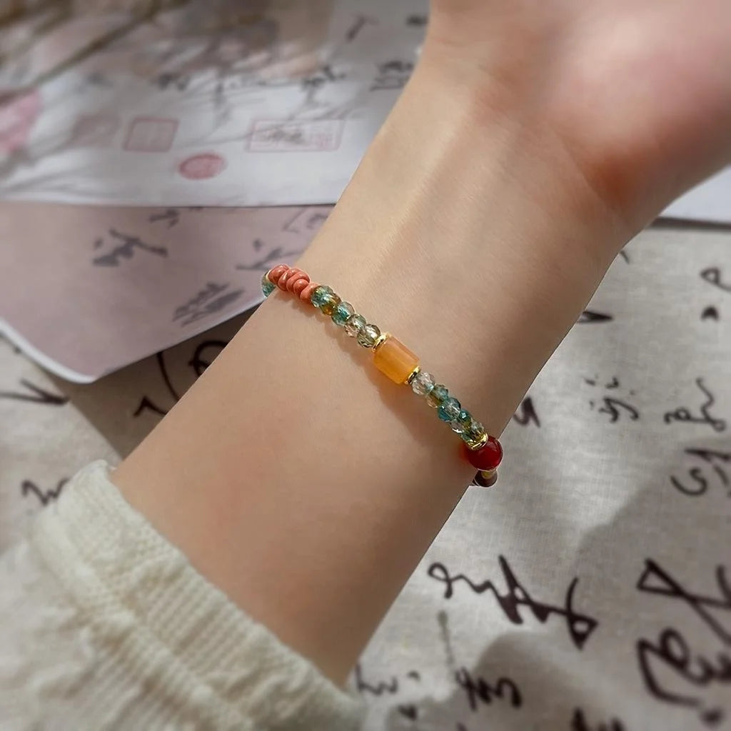 New Chinese Style Natural Stone Glass Crystal Handmade Colorful Geometric Bracelet