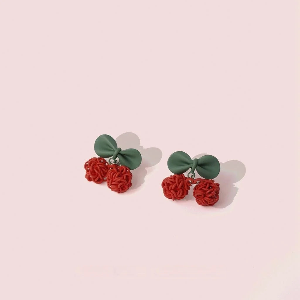 Sweet Cherry Stud Earrings Copper Enamel Leaf Fruit Jewelry