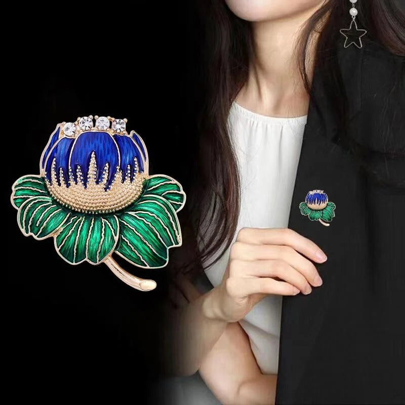 Luxury Enamel Lotus Flower Brooch With Rhinestones, Elegant Plant Lapel Pin Corsage Suit Accessory Gift