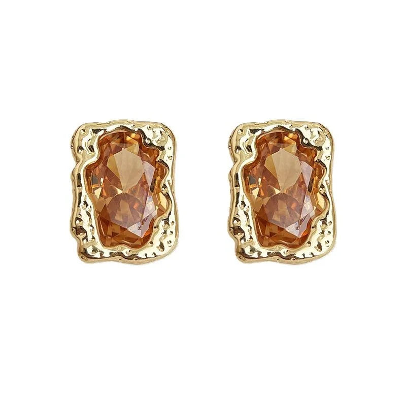 Luxury Light Coffee Champagne Liquid Geometric Rectangle Zircon Copper Stud Earrings
