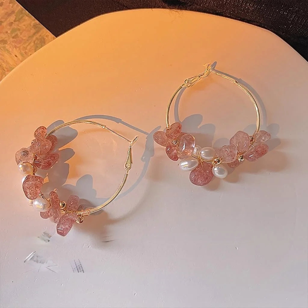 Sweet Handmade 14K Plated Copper Strawberry Quartz Freshwater Pearl Irregular Geometric Stud Earrings