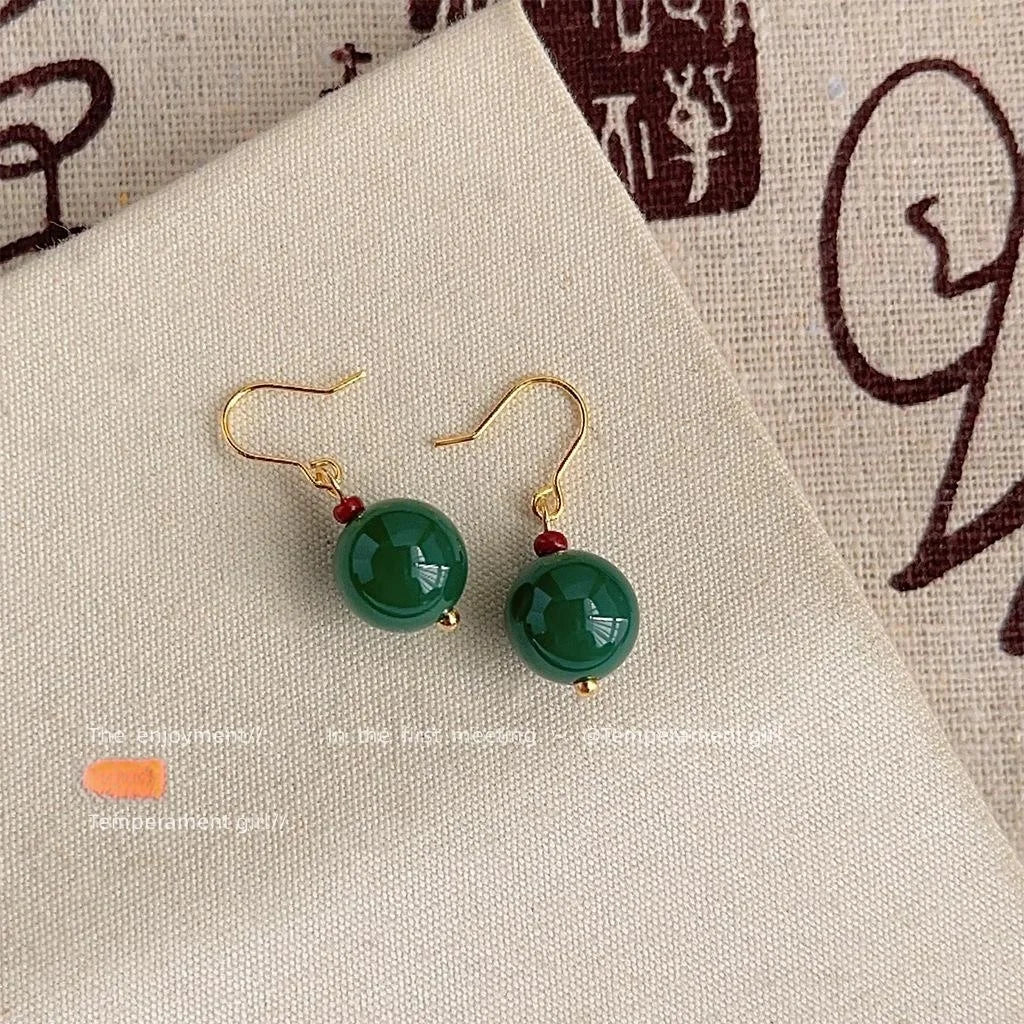 Handmade New Chinese Vintage Palace Style Red And Green Agate Round Geometric Drop Earrings