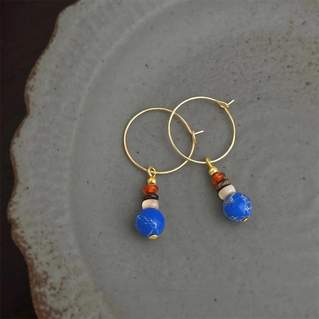 Vintage Ethnic Copper Hoop Earrings With Tiger Eye Agate Imperial Stone Shell Tassel
