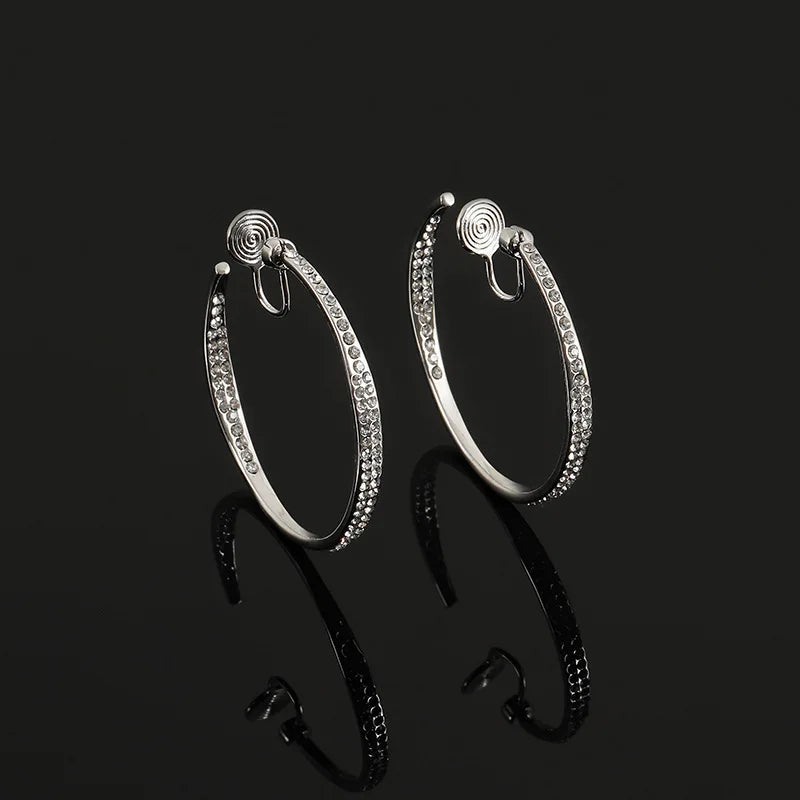 Luxury Rhinestone Spiral Coil Large Hoop Women's Stud & Clip On No Piercing Silver Alloy Earrings