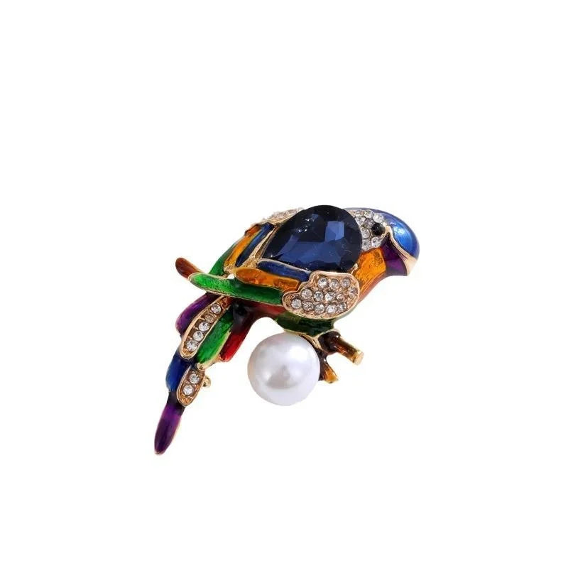 Elegant Enamel Parrot Bird Brooch With Rhinestones And Faux Pearl, Colorful Animal Lapel Pin Gift