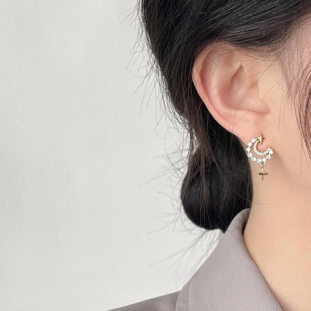 14K Gold Plated Copper Moon Star Zircon Stud Earrings Minimalist Korean Jewelry