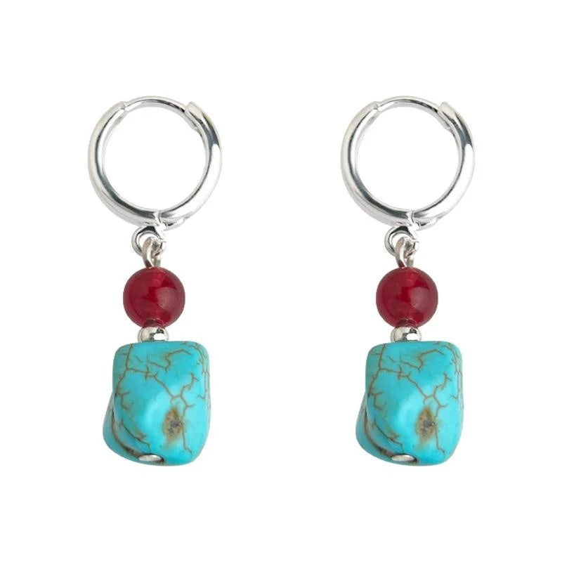 Vintage Ethnic Red Agate Synthetic Turquoise Copper Irregular Geometric Drop Earrings