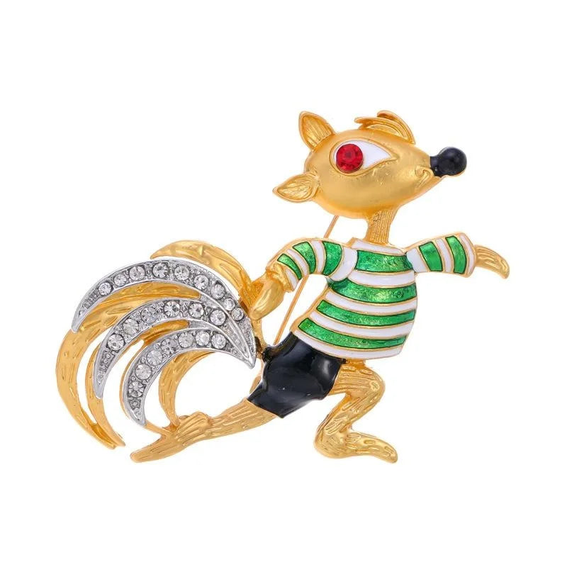 Cute Cartoon Squirrel Enamel Rhinestone Brooch, Gold Tone Alloy Animal Lapel Pin Corsage Gift