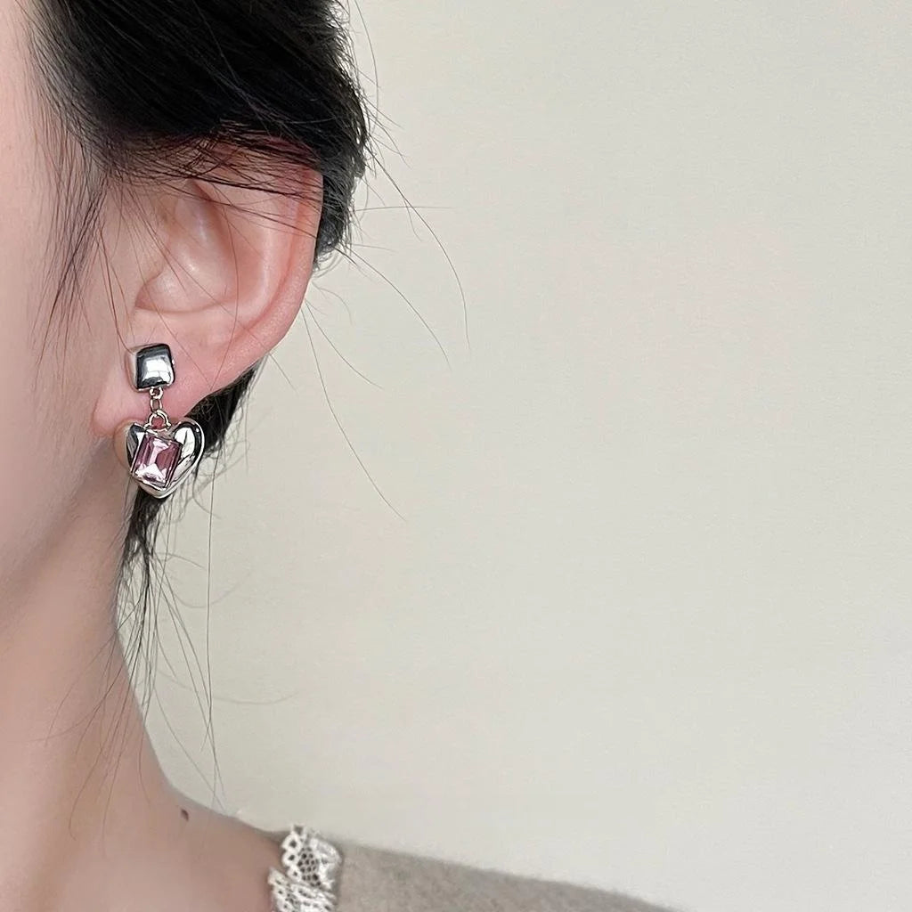 Sweet Cool Pink Glass Crystal Heart Drop Earrings Copper Fashion Statement Jewelry