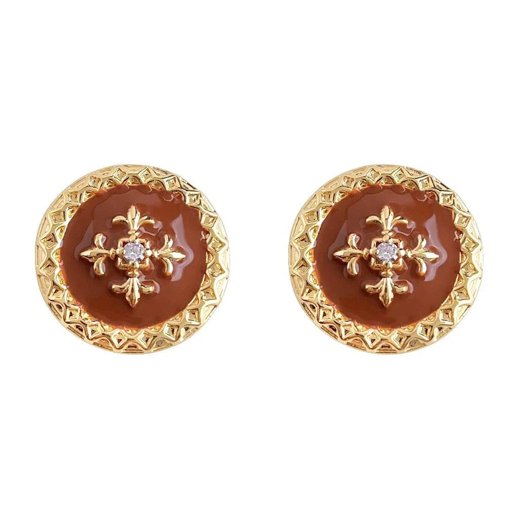 Copper Iris Flower Enamel Drip Glaze Geometric Button Stud Earrings With Zircon