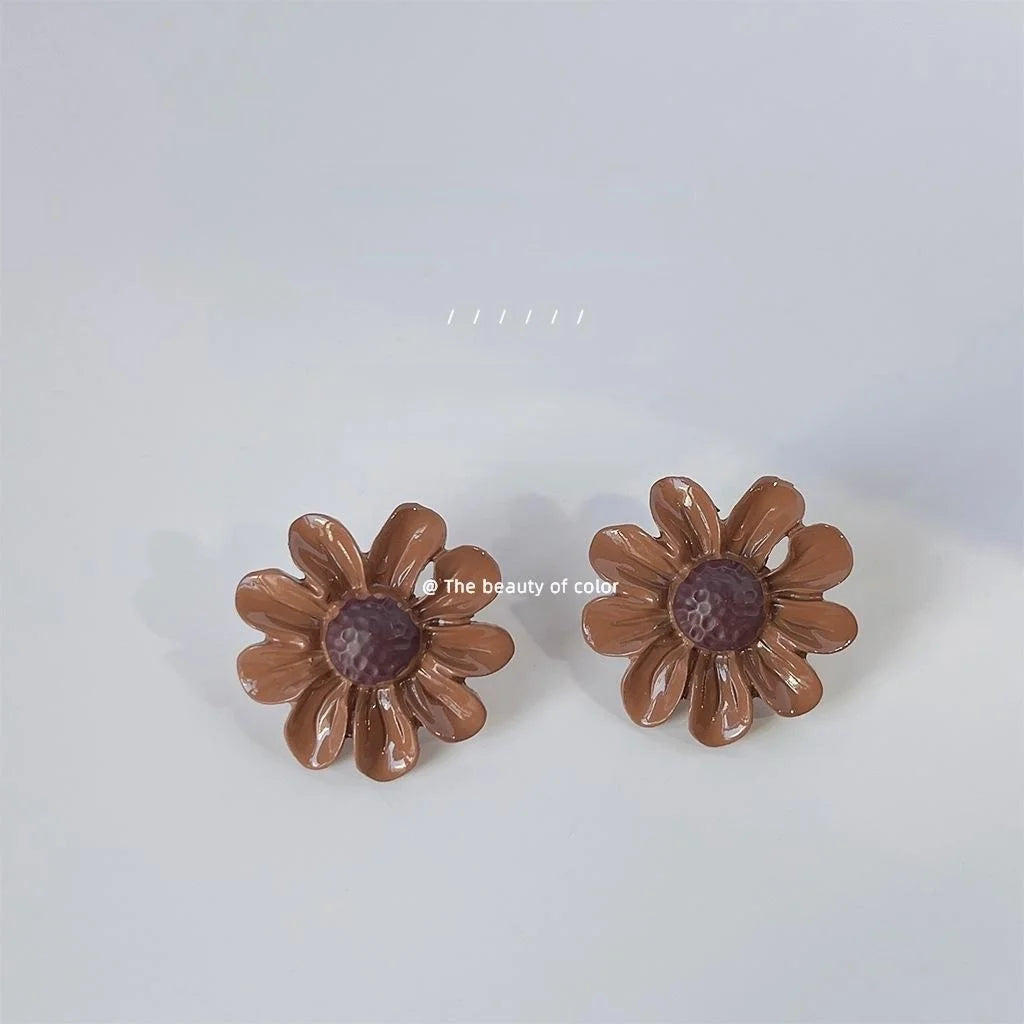 Purple Daisy Stud Earrings Alloy Silver Plated French Vintage Oil Painting Floral Jewelry