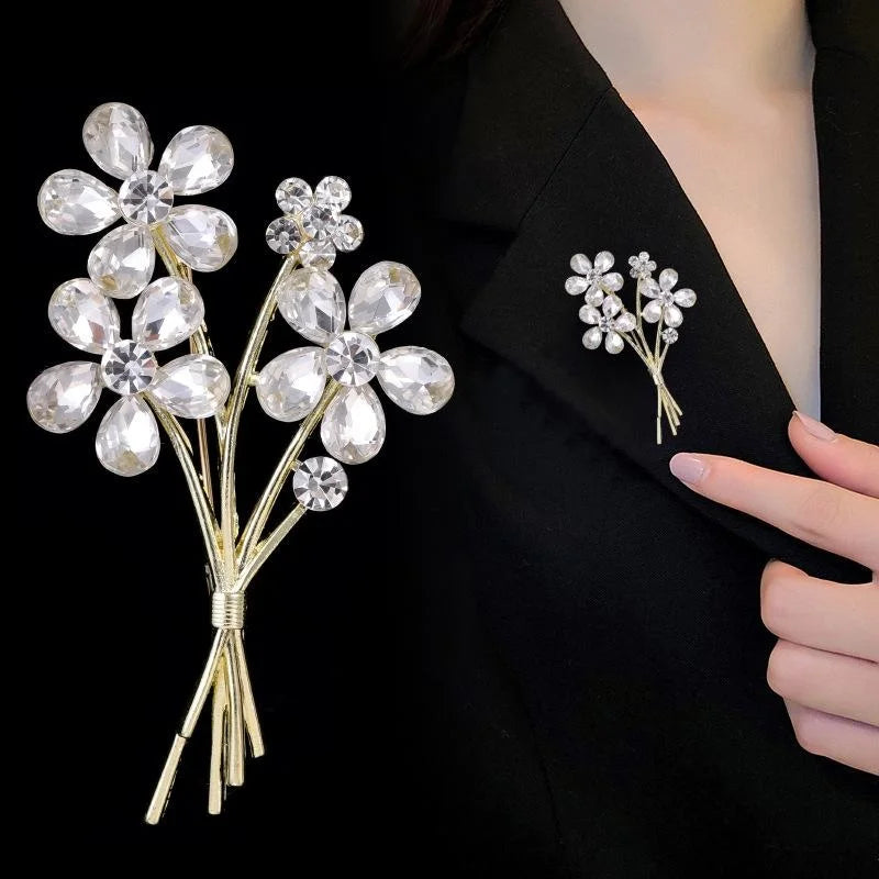 Luxury Rhinestone Crystal Flower Bouquet Brooch Elegant Alloy Lapel Pin Corsage Suit Accessory Gift