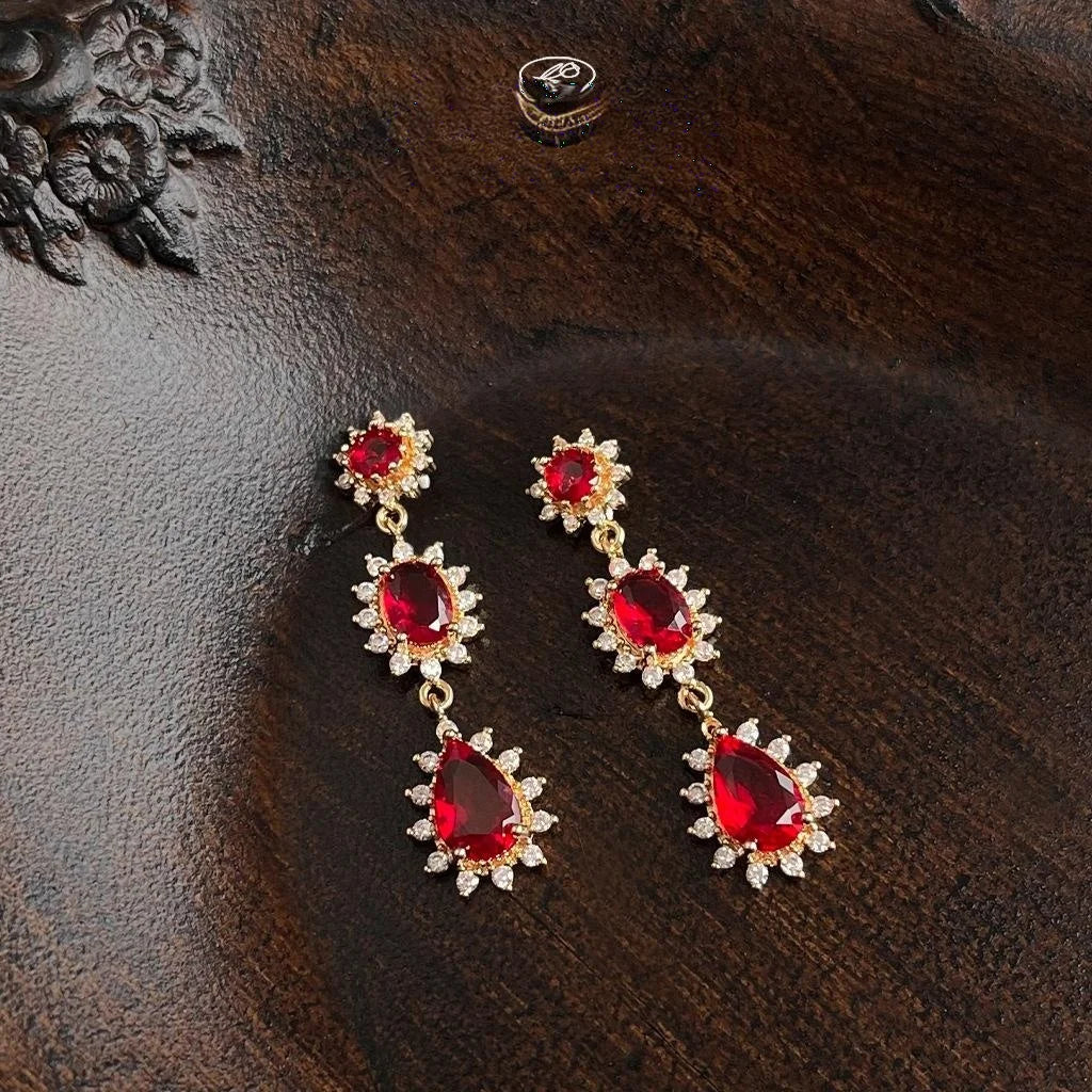 French Vintage Copper Zircon Red Teardrop Long Tassel Drop Earrings