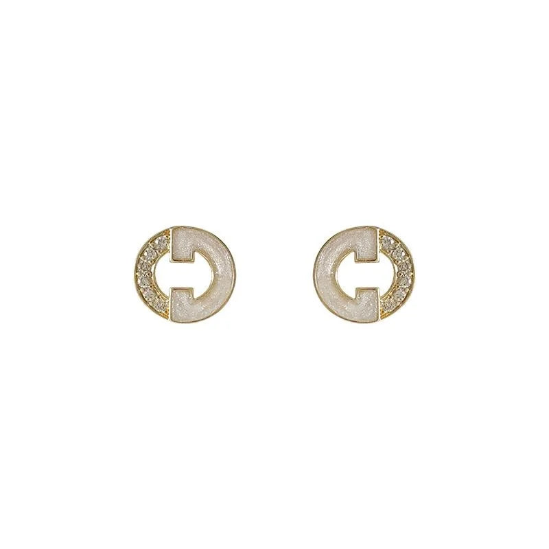 French Style Micro Pave Zircon Hollow Letter Round Copper Stud Earrings